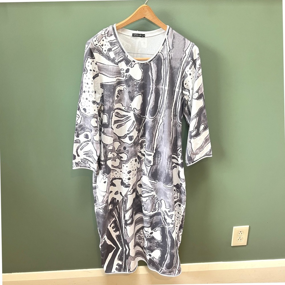 Grizas Gray White Abstract Floral Cotton Stretch Lagenlook Midi Dress Small